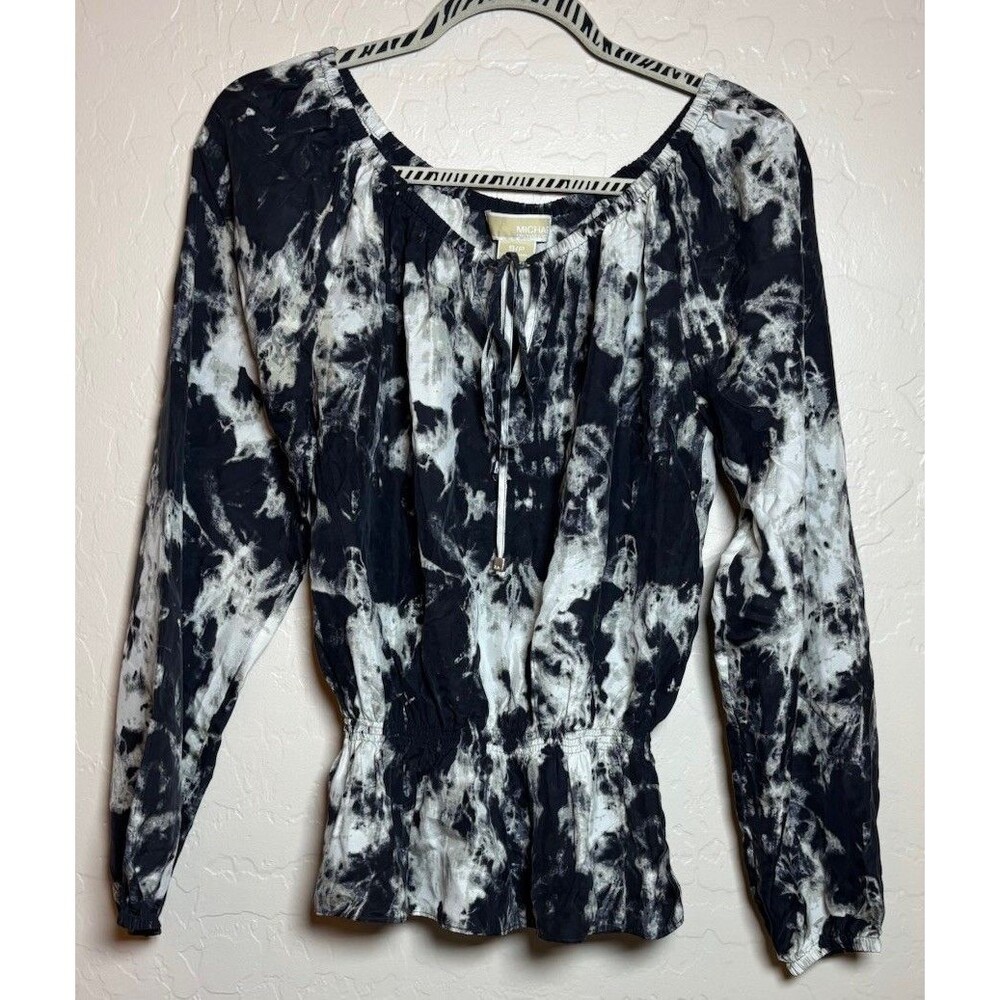 Michael Kors Womens S Black White Tie Dye Peasant Blouse Smocked Waist Boho